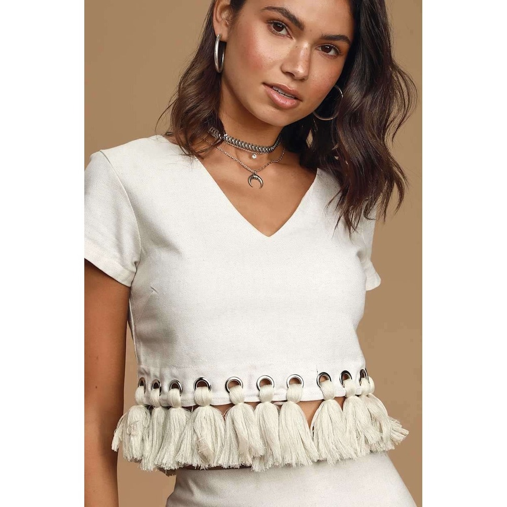 Lulus Womens XL Beige Linen Blend V-Neck Tassel Fringe Grommet Crop Top NWT
